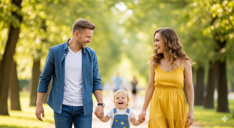 A happy young family walking together, symbolizing life insurance protection.